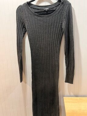 Express Ribbed Long Sleeve Bodycon Dress - Charcoal